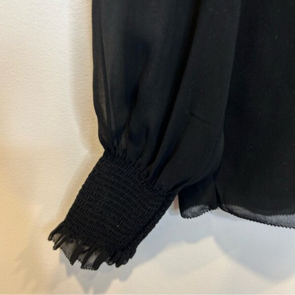 Aritzia Wilfred Valencia Blouse Mock Neck Puff Sleeves Smocking Semi-Sheer Black - Picture 5 of 10